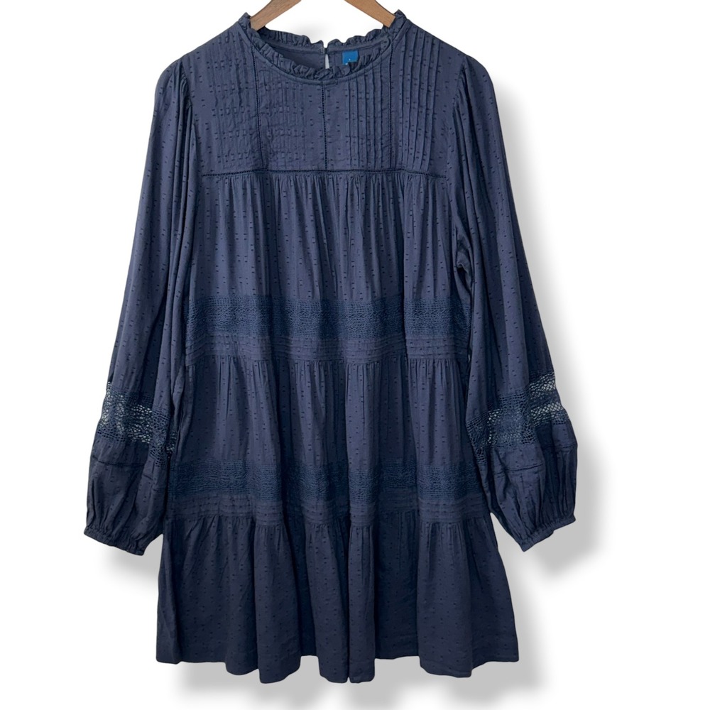 Old Navy Pintuck Swiss Dot Lace Dress L Navy Blue Long Sleeve Tiered Babydoll